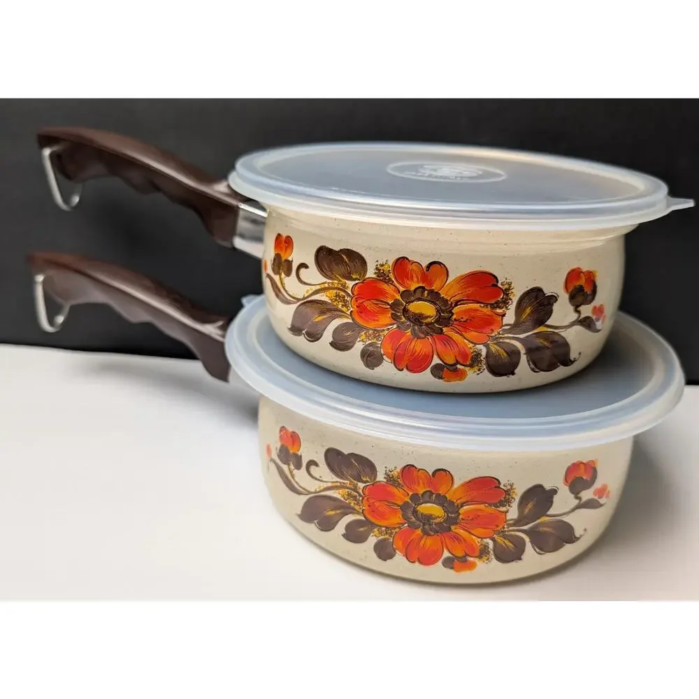 Vtg 70s Moneta Enamelware Pot Pan Set w/Lids 2 Cream Orange Brown Floral 6pc NEW